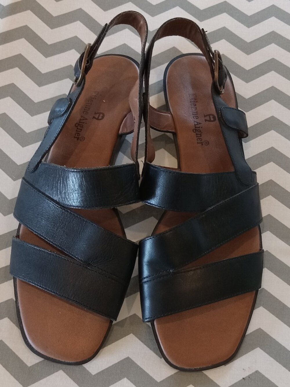 Etienne Aigner Black and Brown Leather Slingback Sandals